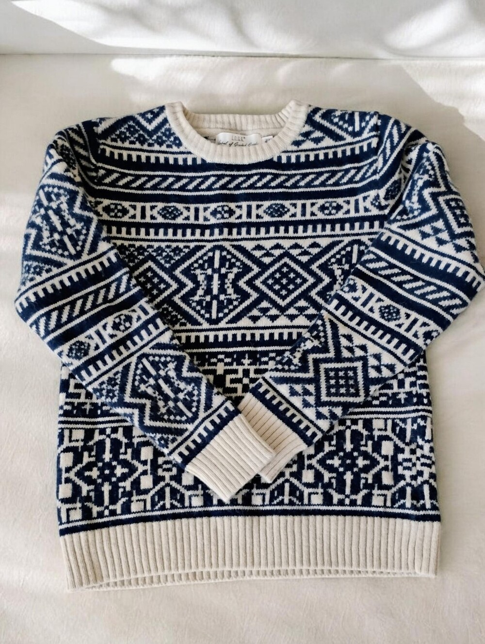 HM LOGG Men's Fair Isle Sweater Nordic Geometric Knit Crewneck Navy Blue Cream M